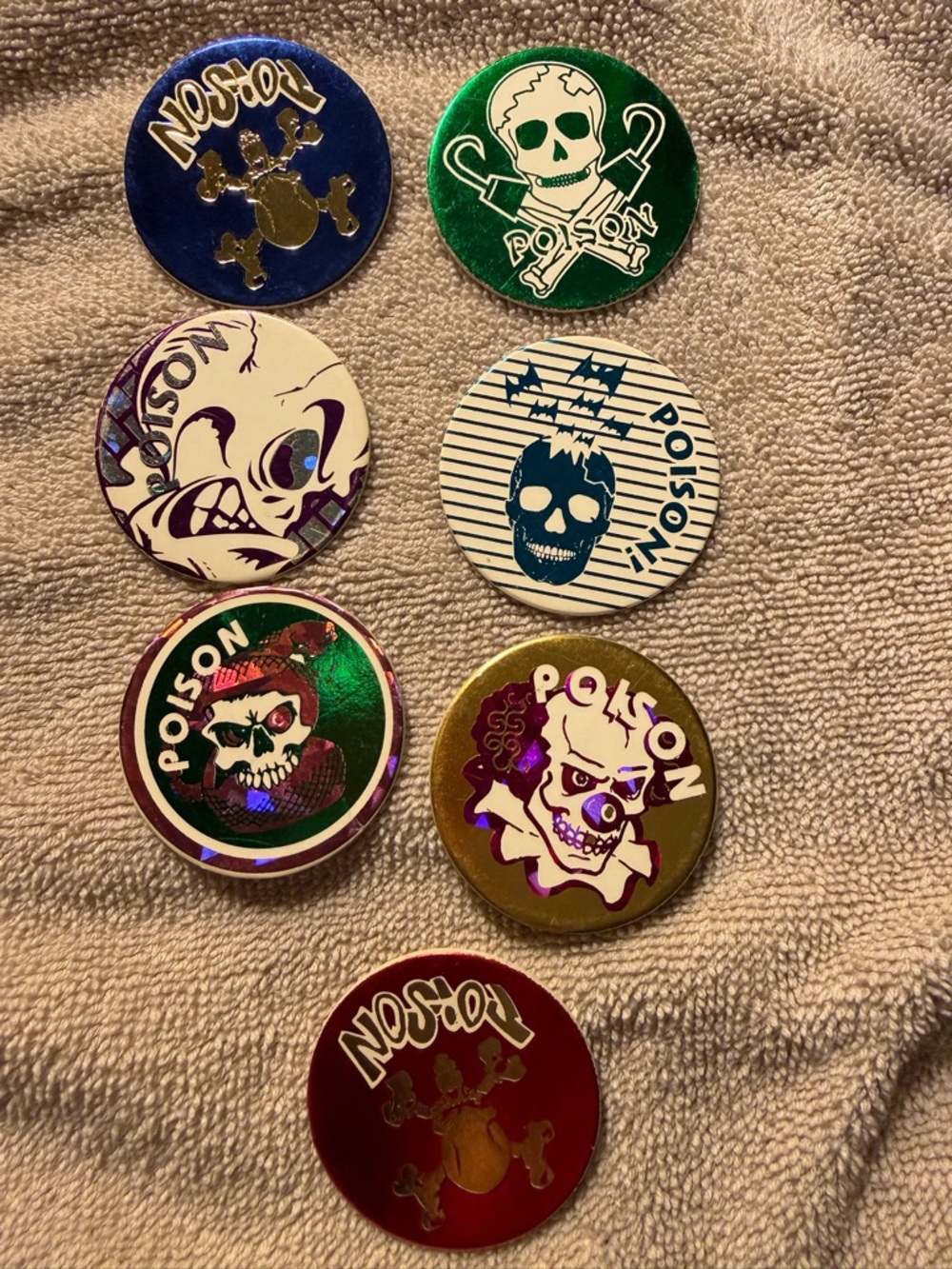 Set of 7 Cardonboard POGS Poison Skull Decorative Pin Bundle - Assorted Colors